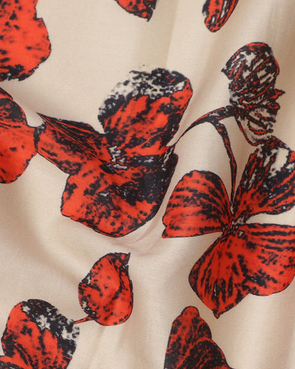 Beige Cotton Lawn Fabric with Red and Black Floral Sketch Print, Width 110 Cms, Made in India-D23942