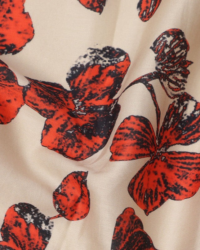 Beige Cotton Lawn Fabric with Red and Black Floral Sketch Print, Width 110 Cms, Made in India-D23942