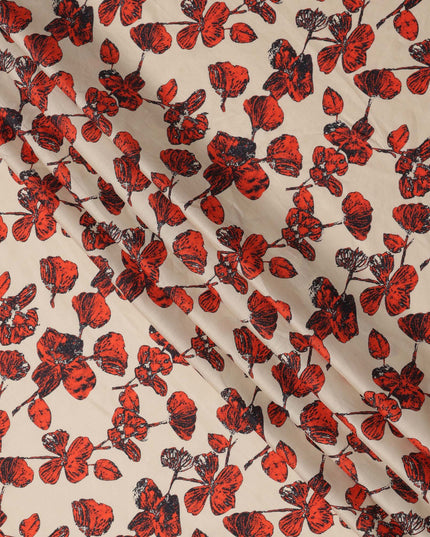 Beige Cotton Lawn Fabric with Red and Black Floral Sketch Print, Width 110 Cms, Made in India-D23942