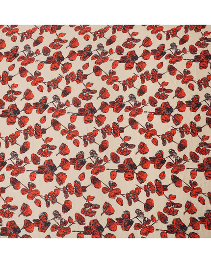 Beige Cotton Lawn Fabric with Red and Black Floral Sketch Print, Width 110 Cms, Made in India-D23942