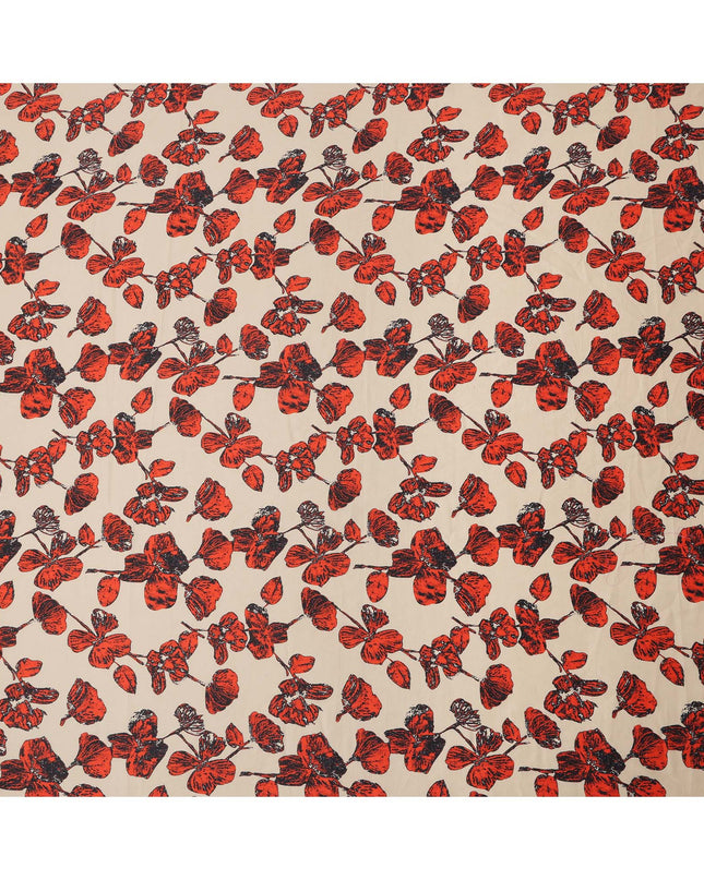 Beige Cotton Lawn Fabric with Red and Black Floral Sketch Print, Width 110 Cms, Made in India-D23942