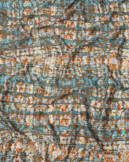 Olive Green Cotton Lawn Fabric with Blue and Orange Tie-Dye Inspired Print, Width 110 Cms, Made in India-D23943