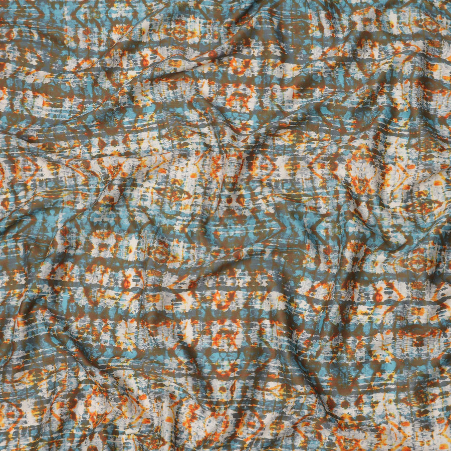 Olive Green Cotton Lawn Fabric with Blue and Orange Tie-Dye Inspired Print, Width 110 Cms, Made in India-D23943