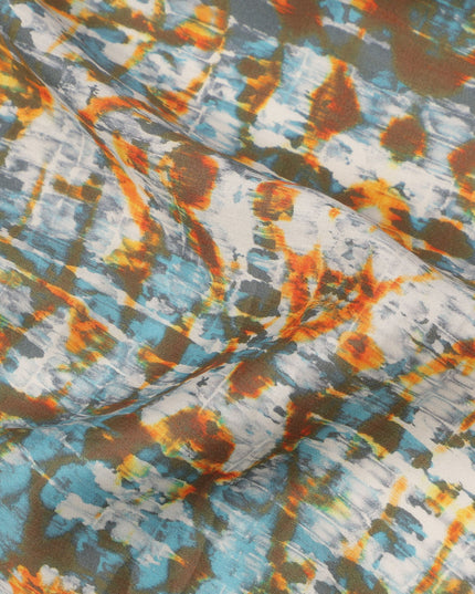 Olive Green Cotton Lawn Fabric with Blue and Orange Tie-Dye Inspired Print, Width 110 Cms, Made in India-D23943