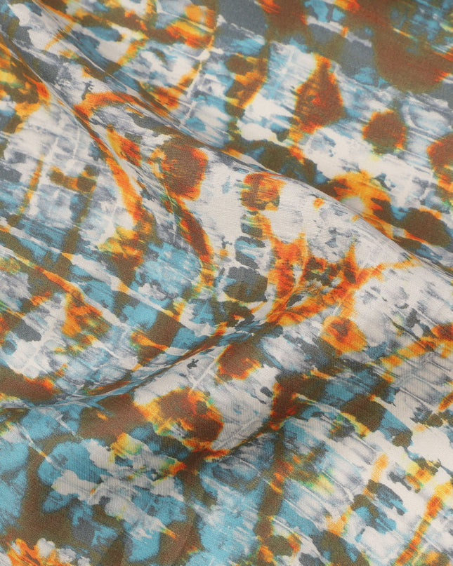 Olive Green Cotton Lawn Fabric with Blue and Orange Tie-Dye Inspired Print, Width 110 Cms, Made in India-D23943