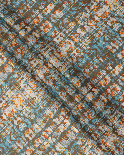 Olive Green Cotton Lawn Fabric with Blue and Orange Tie-Dye Inspired Print, Width 110 Cms, Made in India-D23943