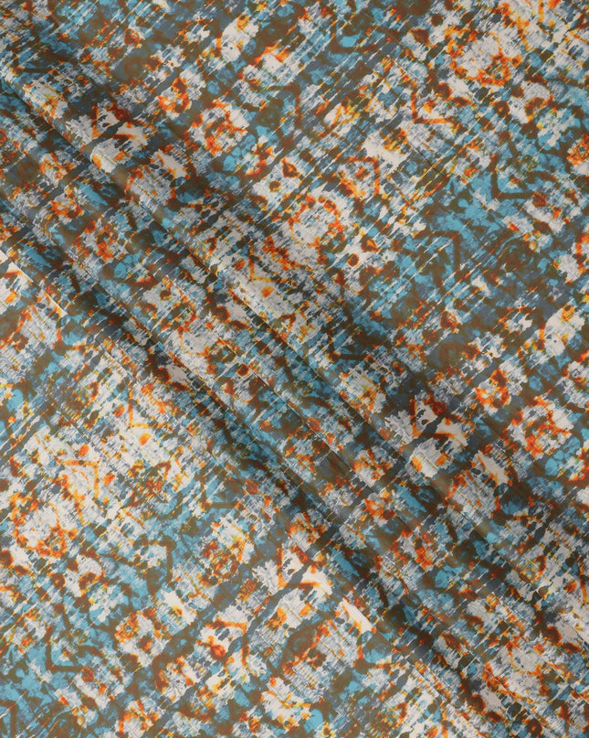 Olive Green Cotton Lawn Fabric with Blue and Orange Tie-Dye Inspired Print, Width 110 Cms, Made in India-D23943