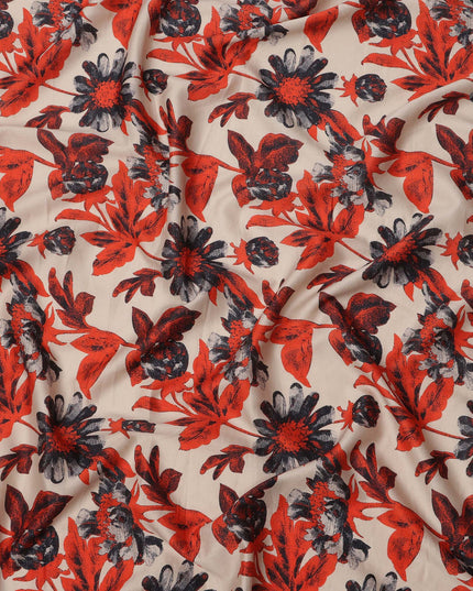Beige Cotton Lawn Fabric with Red and Black Oversized Floral Print, Width 110 Cms, Made in India-D23945