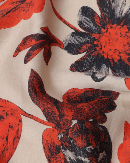 Beige Cotton Lawn Fabric with Red and Black Oversized Floral Print, Width 110 Cms, Made in India-D23945