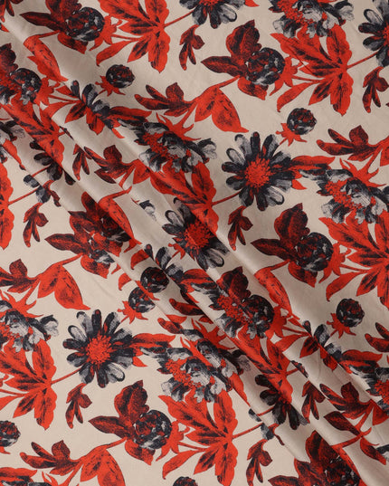 Beige Cotton Lawn Fabric with Red and Black Oversized Floral Print, Width 110 Cms, Made in India-D23945