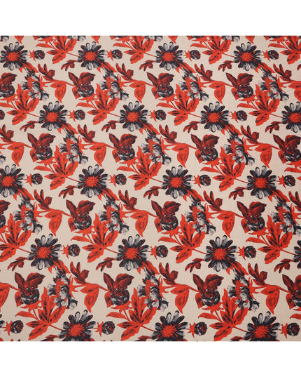 Beige Cotton Lawn Fabric with Red and Black Oversized Floral Print, Width 110 Cms, Made in India-D23945