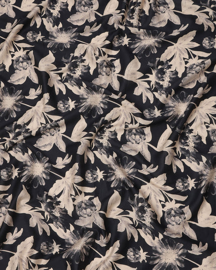 Black Cotton Lawn Fabric with Beige Monochrome Oversized Floral Print, Width 110 Cms, Made in India-D23946