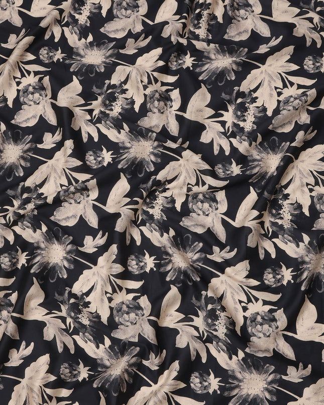Black Cotton Lawn Fabric with Beige Monochrome Oversized Floral Print, Width 110 Cms, Made in India-D23946