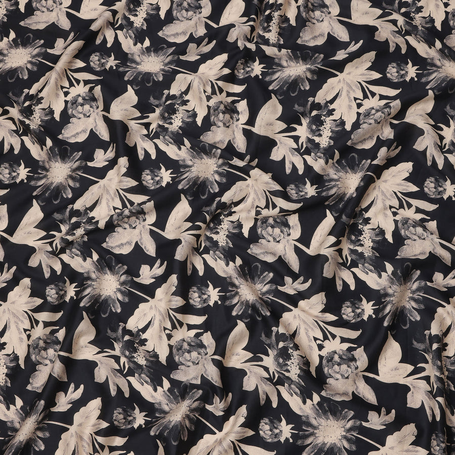 Black Cotton Lawn Fabric with Beige Monochrome Oversized Floral Print, Width 110 Cms, Made in India-D23946
