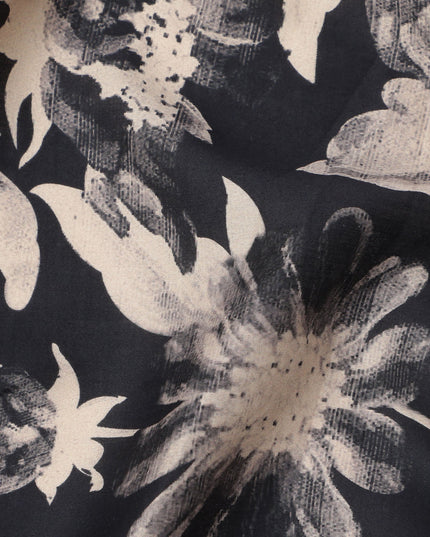 Black Cotton Lawn Fabric with Beige Monochrome Oversized Floral Print, Width 110 Cms, Made in India-D23946