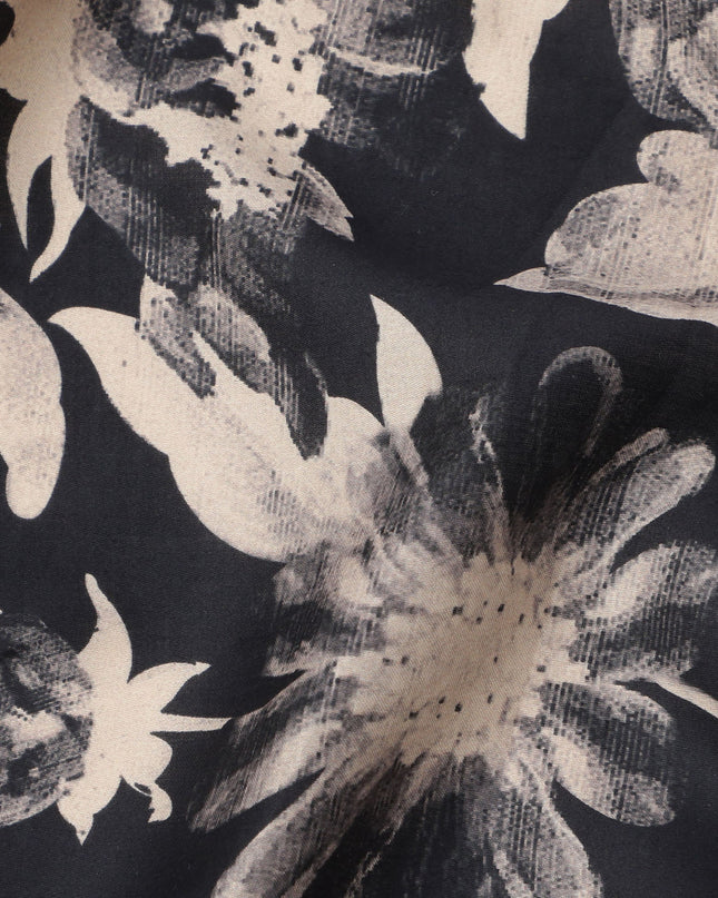 Black Cotton Lawn Fabric with Beige Monochrome Oversized Floral Print, Width 110 Cms, Made in India-D23946