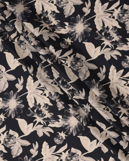 Black Cotton Lawn Fabric with Beige Monochrome Oversized Floral Print, Width 110 Cms, Made in India-D23946