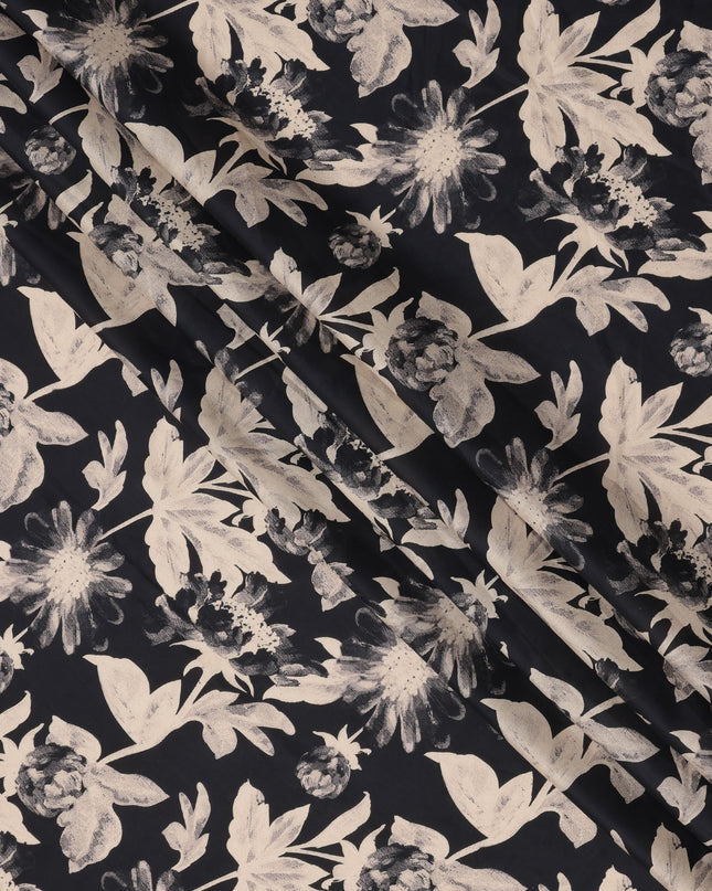 Black Cotton Lawn Fabric with Beige Monochrome Oversized Floral Print, Width 110 Cms, Made in India-D23946