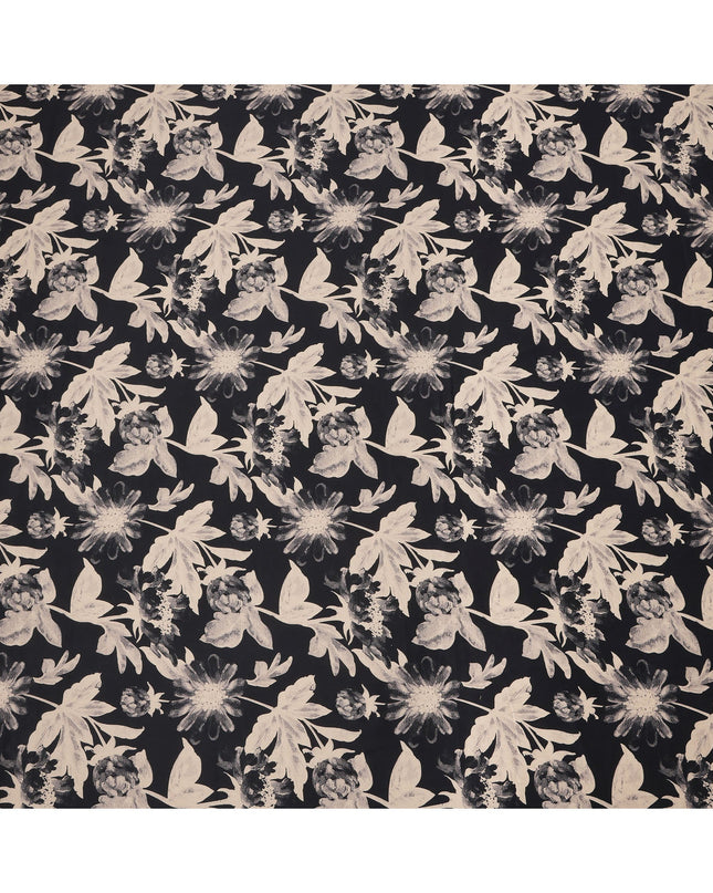 Black Cotton Lawn Fabric with Beige Monochrome Oversized Floral Print, Width 110 Cms, Made in India-D23946