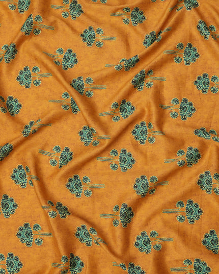 Mustard Yellow Cotton Lawn Fabric with Ethnic Green Floral Motif Print, Width 110 Cms, Made in India-D23949