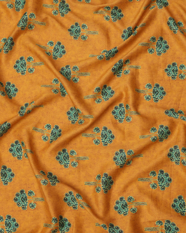 Mustard Yellow Cotton Lawn Fabric with Ethnic Green Floral Motif Print, Width 110 Cms, Made in India-D23949