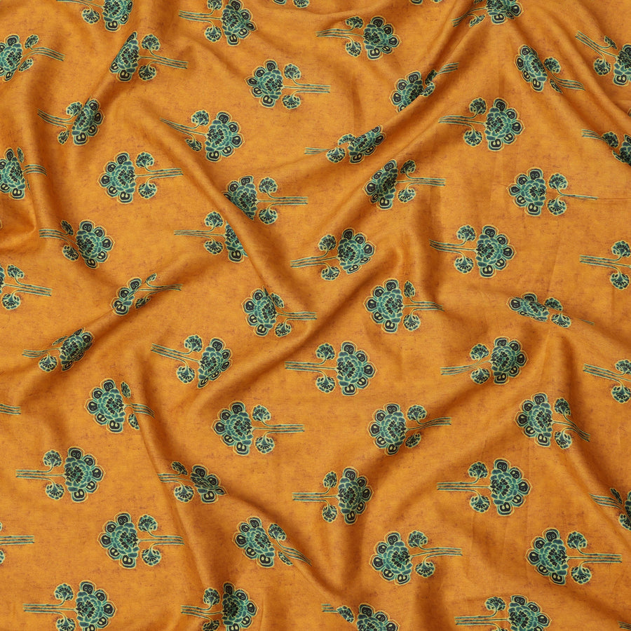 Mustard Yellow Cotton Lawn Fabric with Ethnic Green Floral Motif Print, Width 110 Cms, Made in India-D23949