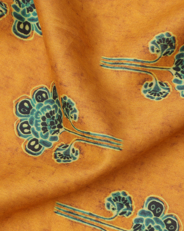 Mustard Yellow Cotton Lawn Fabric with Ethnic Green Floral Motif Print, Width 110 Cms, Made in India-D23949