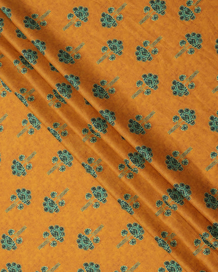Mustard Yellow Cotton Lawn Fabric with Ethnic Green Floral Motif Print, Width 110 Cms, Made in India-D23949