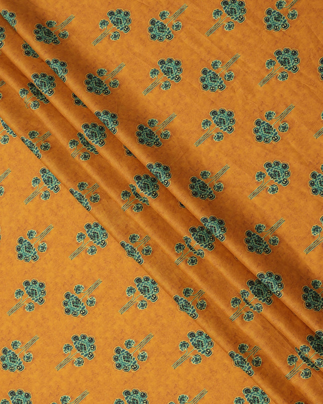 Mustard Yellow Cotton Lawn Fabric with Ethnic Green Floral Motif Print, Width 110 Cms, Made in India-D23949
