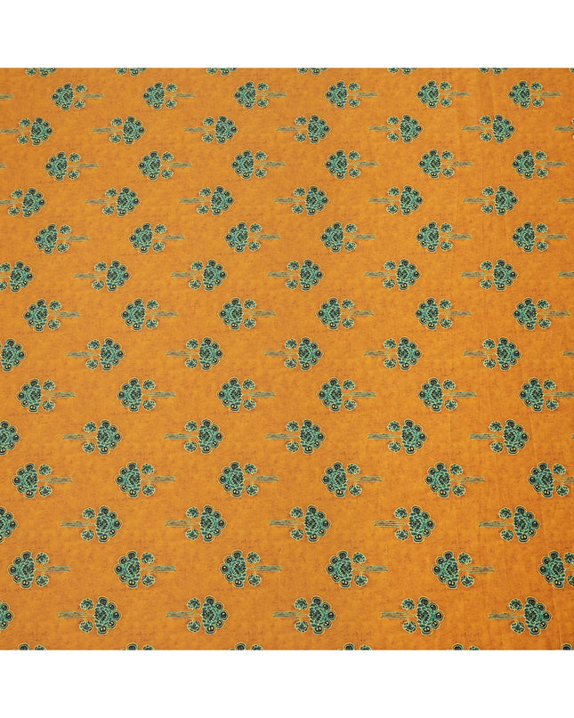 Mustard Yellow Cotton Lawn Fabric with Ethnic Green Floral Motif Print, Width 110 Cms, Made in India-D23949