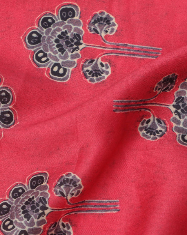 Crimson Red Cotton Lawn Fabric with Traditional Black Floral Booti Print, Width 110 Cms, Made in India-D23950