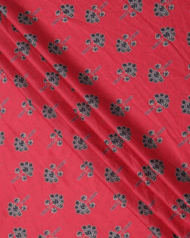 Crimson Red Cotton Lawn Fabric with Traditional Black Floral Booti Print, Width 110 Cms, Made in India-D23950