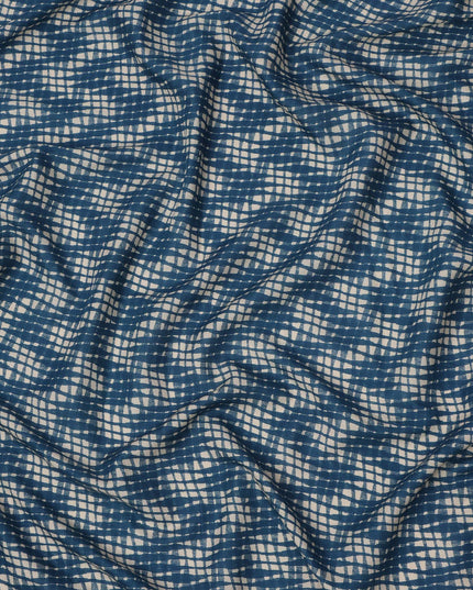 Indigo Blue Cotton Lawn Fabric with Abstract White Check Pattern Print, Width 110 Cms, Made in India-D23951