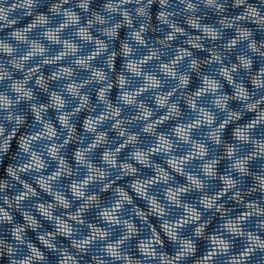Indigo Blue Cotton Lawn Fabric with Abstract White Check Pattern Print, Width 110 Cms, Made in India-D23951