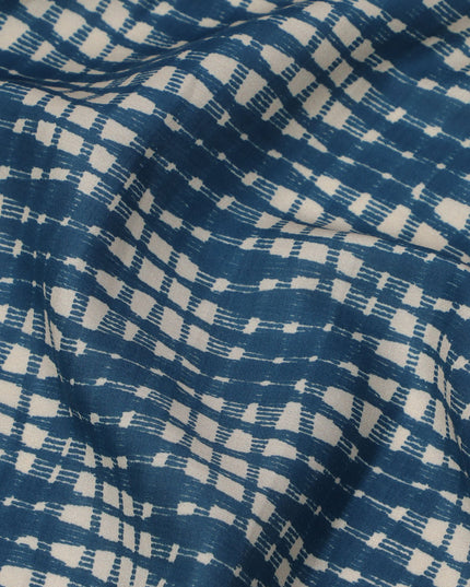 Indigo Blue Cotton Lawn Fabric with Abstract White Check Pattern Print, Width 110 Cms, Made in India-D23951