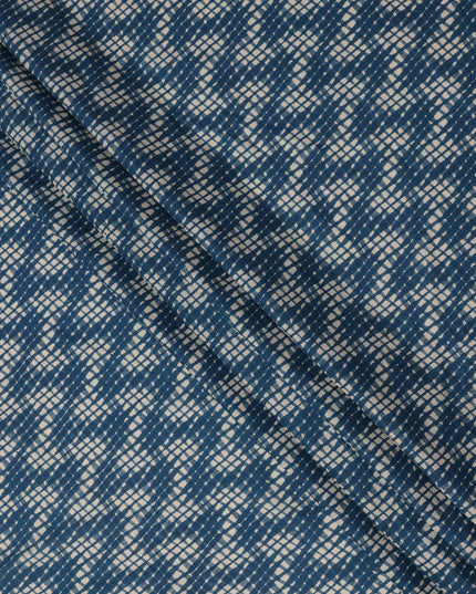 Indigo Blue Cotton Lawn Fabric with Abstract White Check Pattern Print, Width 110 Cms, Made in India-D23951