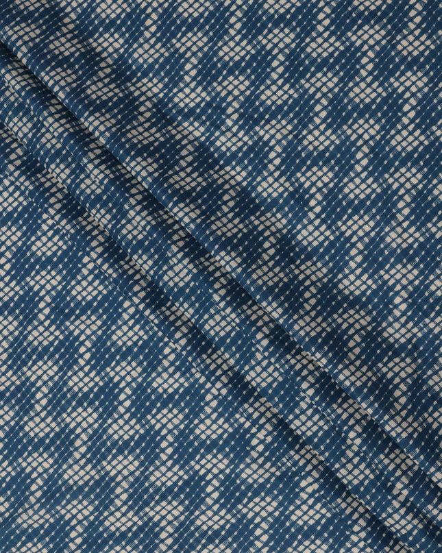 Indigo Blue Cotton Lawn Fabric with Abstract White Check Pattern Print, Width 110 Cms, Made in India-D23951