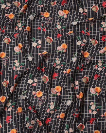 Black Grid Floral Printed Cotton Lawn Fabric with Rose and Marigold Motifs, 110 Cms Width, Made in India-D23952