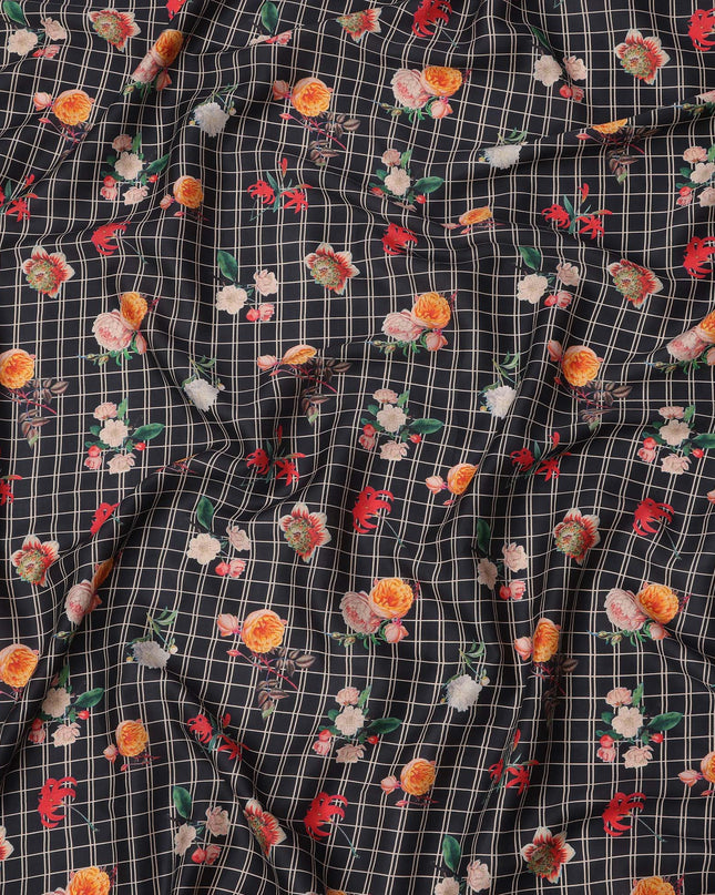 Black Grid Floral Printed Cotton Lawn Fabric with Rose and Marigold Motifs, 110 Cms Width, Made in India-D23952