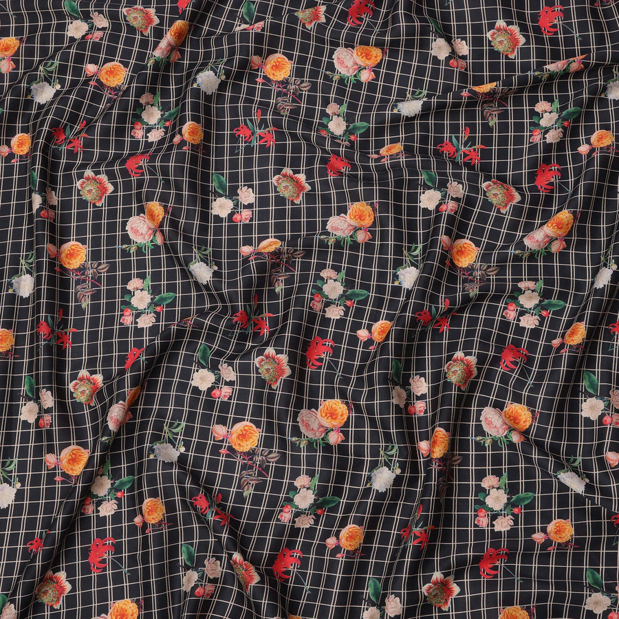 Black Grid Floral Printed Cotton Lawn Fabric with Rose and Marigold Motifs, 110 Cms Width, Made in India-D23952