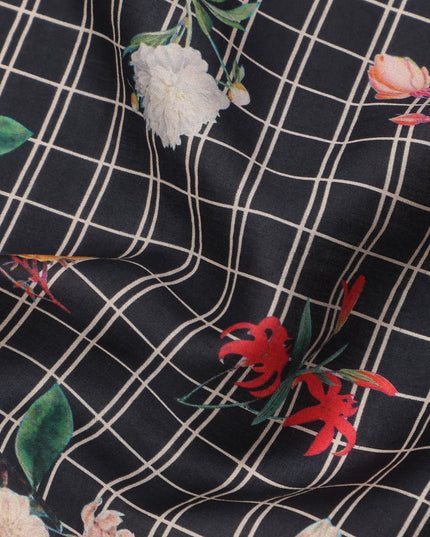 Black Grid Floral Printed Cotton Lawn Fabric with Rose and Marigold Motifs, 110 Cms Width, Made in India-D23952