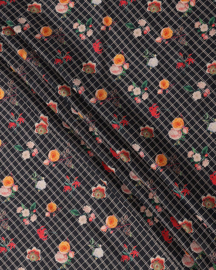 Black Grid Floral Printed Cotton Lawn Fabric with Rose and Marigold Motifs, 110 Cms Width, Made in India-D23952