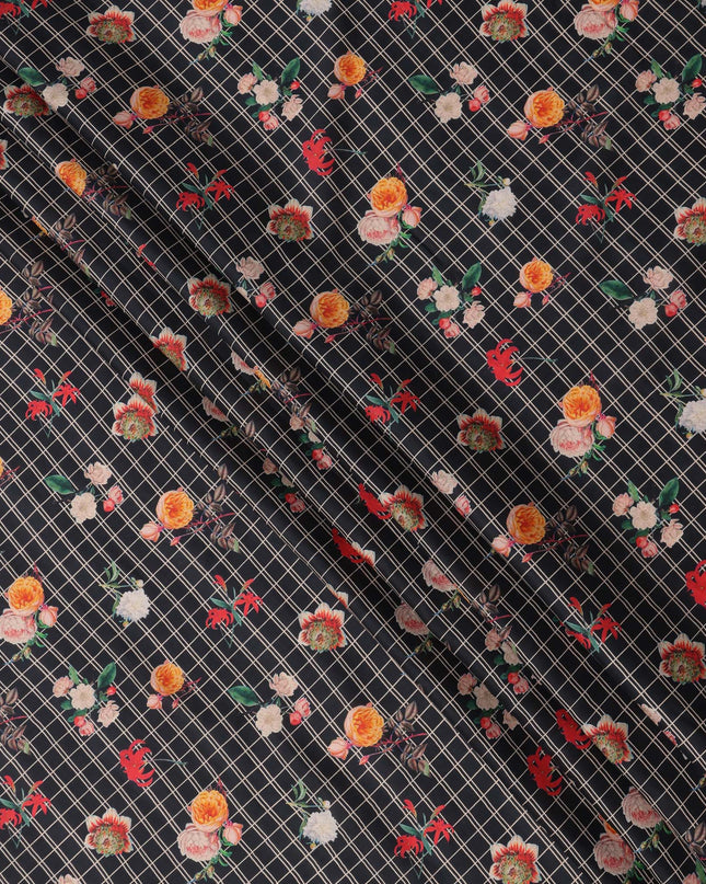 Black Grid Floral Printed Cotton Lawn Fabric with Rose and Marigold Motifs, 110 Cms Width, Made in India-D23952