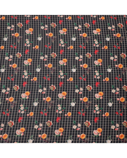Black Grid Floral Printed Cotton Lawn Fabric with Rose and Marigold Motifs, 110 Cms Width, Made in India-D23952