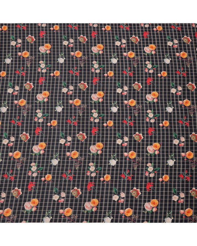Black Grid Floral Printed Cotton Lawn Fabric with Rose and Marigold Motifs, 110 Cms Width, Made in India-D23952