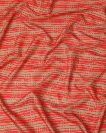 Beige Base Red Hand-Drawn Stripe Printed Cotton Lawn Fabric, 110 Cms Width, Made in India-D23953