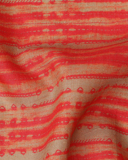 Beige Base Red Hand-Drawn Stripe Printed Cotton Lawn Fabric, 110 Cms Width, Made in India-D23953