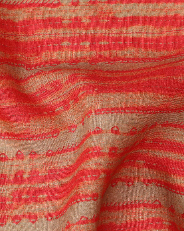 Beige Base Red Hand-Drawn Stripe Printed Cotton Lawn Fabric, 110 Cms Width, Made in India-D23953