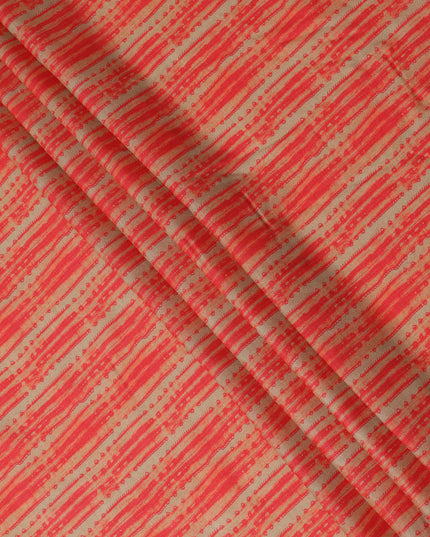 Beige Base Red Hand-Drawn Stripe Printed Cotton Lawn Fabric, 110 Cms Width, Made in India-D23953