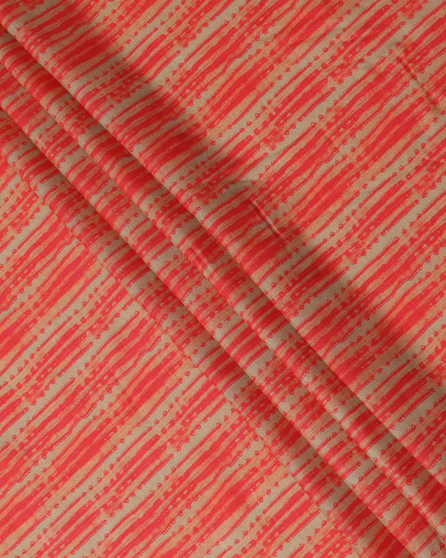 Beige Base Red Hand-Drawn Stripe Printed Cotton Lawn Fabric, 110 Cms Width, Made in India-D23953